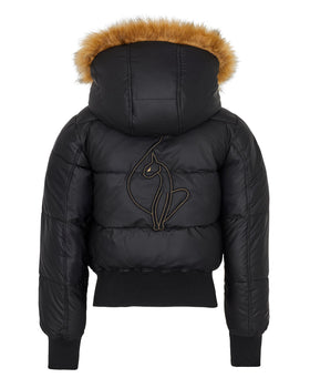 Onyx Puffer, black cropped puffer with oversized back logo embroidery, back view