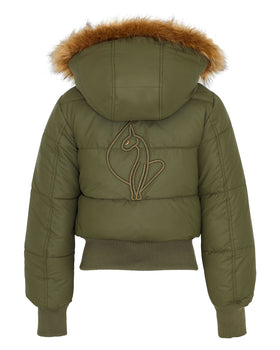 OLIVE PUFFER, olive puffer back panel laid flat, flat lay