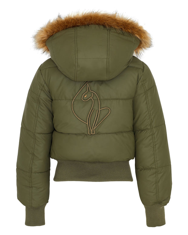 OG olive green puffer jacket. Coat features faux fur detachable hood and Baby Phat script logo on front chest and oversized cat logo on the back. Jacket also features gold cat logo zipper pulls on the front pockets and center front.