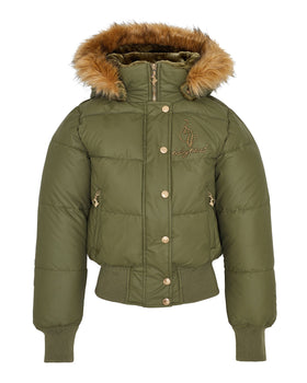 OLIVE PUFFER, olive puffer laid flat with faux-fur hood, flat lay