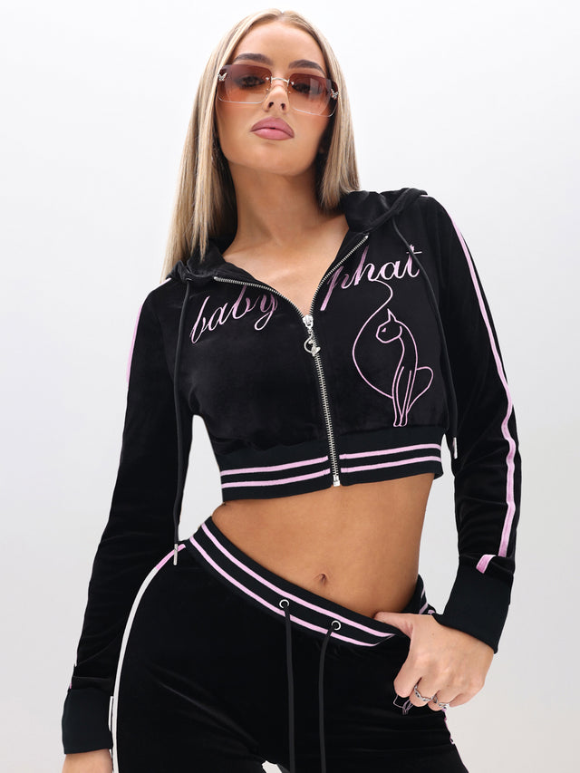 Cropped Velour Zip Up Sweatshirt, black velour with pink trim and embroidery, front view