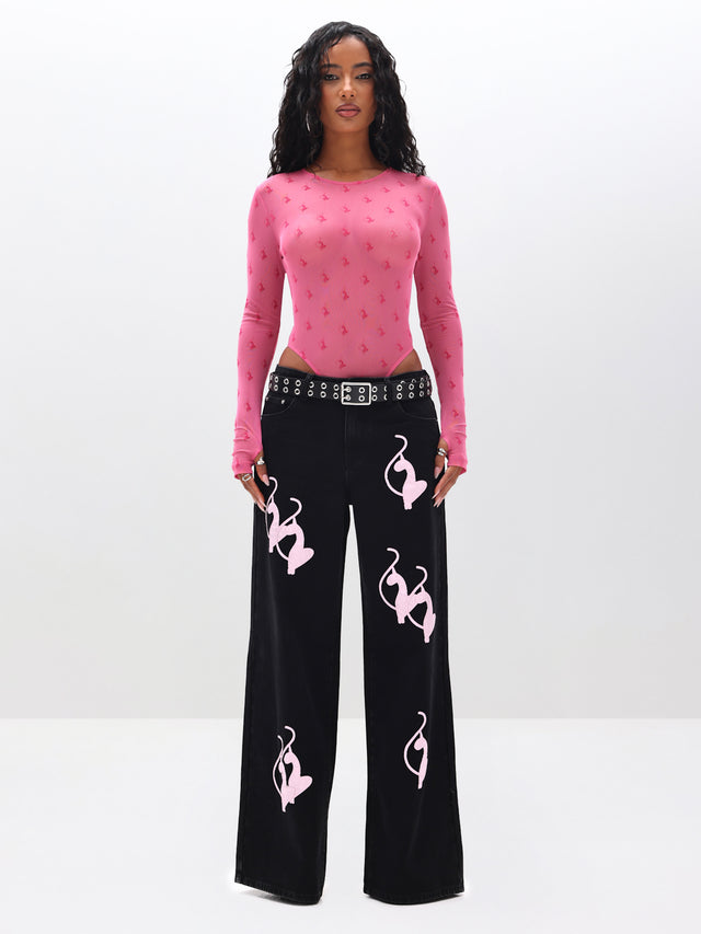 Mesh Long Sleeve Bodysuit, body-hugging pink silhouette, front full-body view
