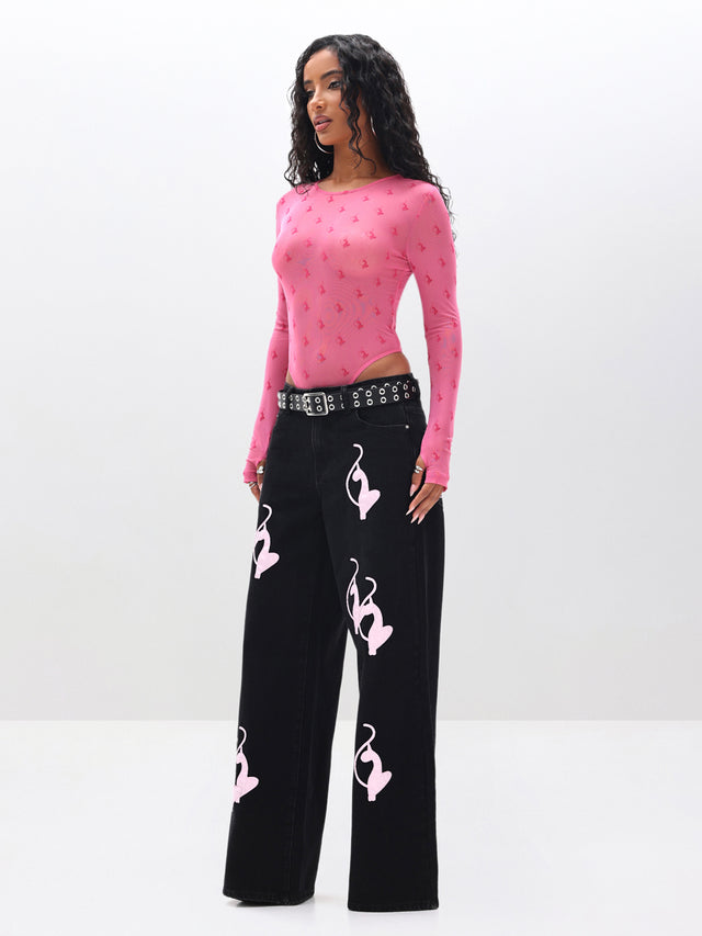 Baggy Fit Jeans with Applique, black denim with pink applique graphics, side view