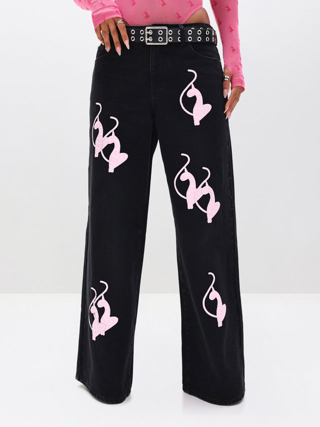 Baggy Fit Jeans with Applique, black denim with pink applique graphics, close-up detail