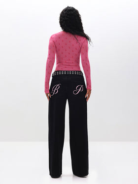 Baggy Fit Jeans with Applique, black denim with pink back-pocket script detail, back view