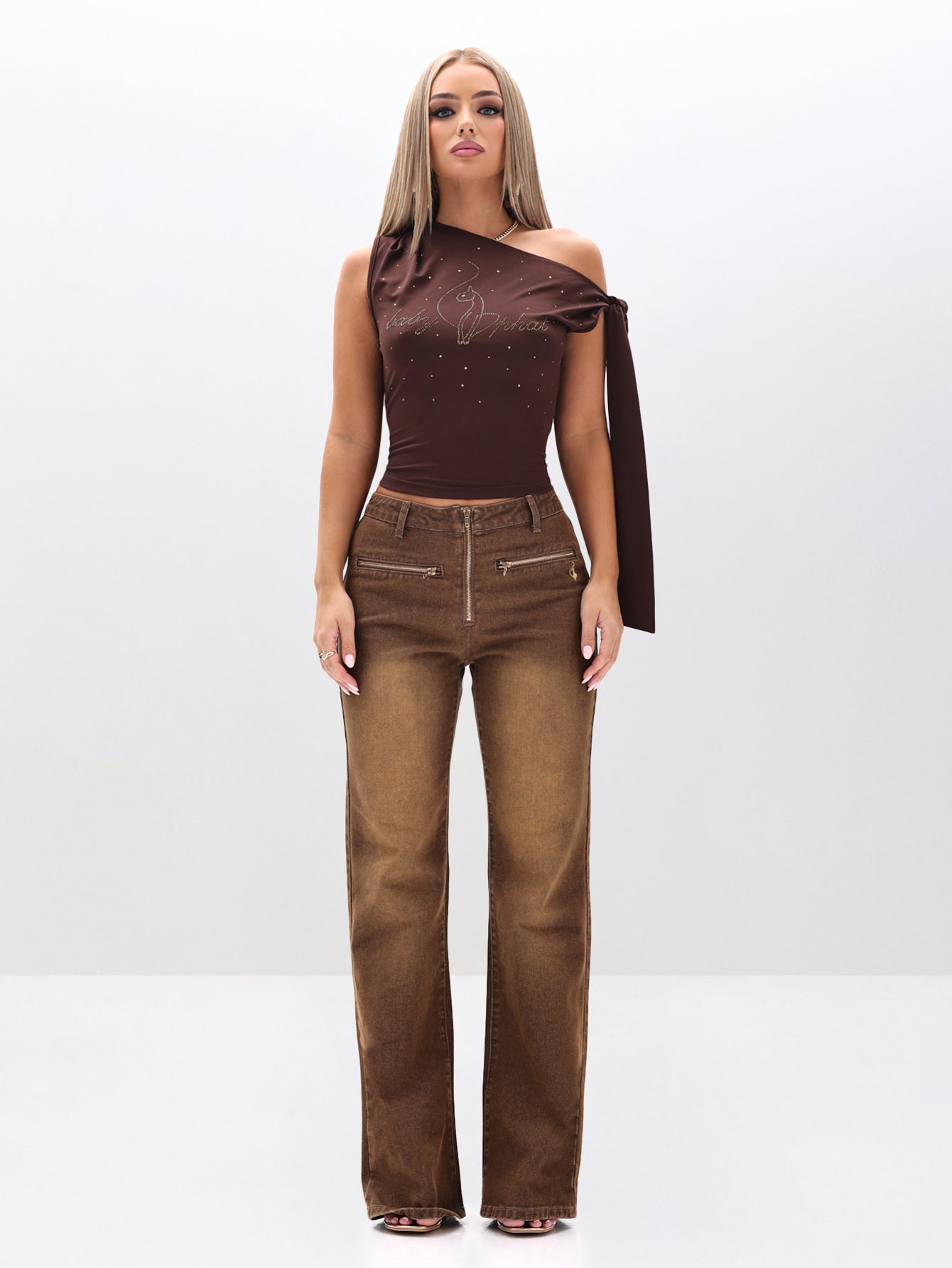 Tie-Detail One Shoulder Top in Chocolate | Baby Phat | Baby Phat