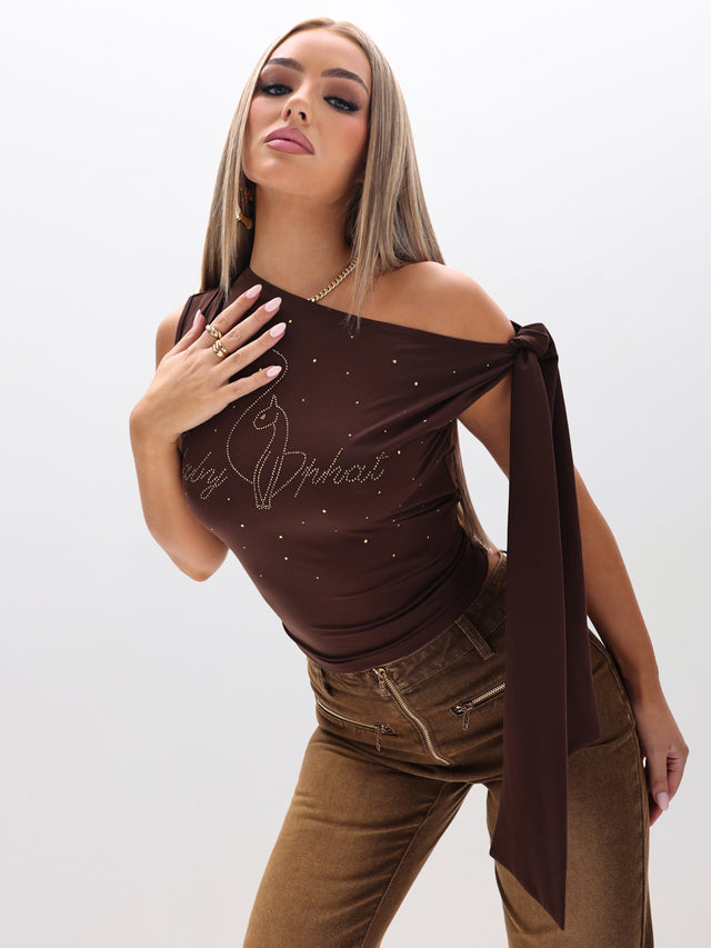 Tie Detail One Shoulder Top, asymmetrical neckline with long shoulder tie, on-model styling view