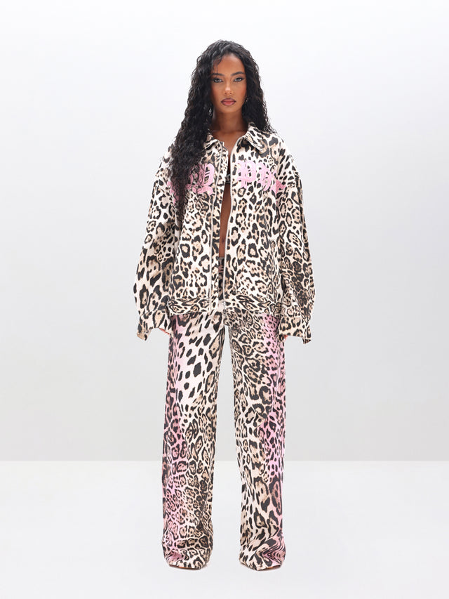 Baggy Jeans in Animal Print, pink leopard print denim, front full-body view
