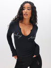 Rhinestone Logo Notch Neck Long Sleeve