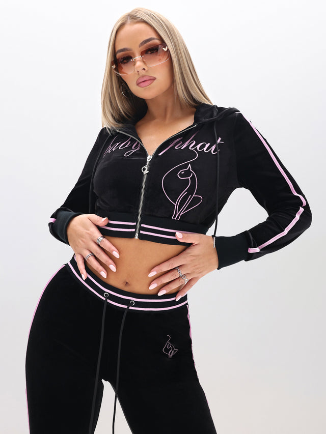 Cropped Velour Zip Up Sweatshirt, black velour with pink trim and embroidery, on-model styling view