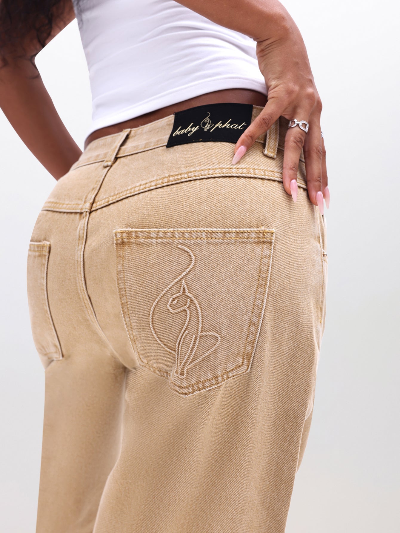 Barrel Jeans with Paneling, tonal Baby Phat logo on back pocket, logo detail