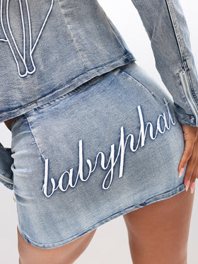 Stretch Denim Lace Up Mini Skirt, babyphat script stitching on denim, logo detail