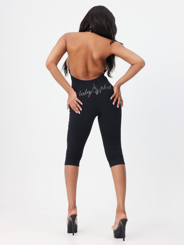 Halter Jumpsuit With Open Back, open-back black jumpsuit with rhinestone back logo, back view
