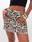 Low Waist Raw Edge Denim Skirt in Animal Print