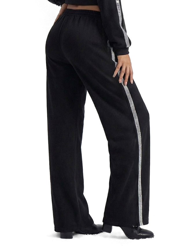 Wide Leg Jogger With Rhinestone Trim, rhinestone side stripe, back view