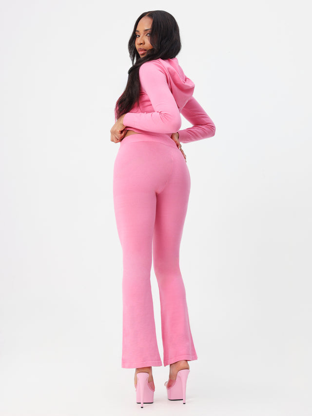 Knit Flare Leggings, pink fitted flare leggings silhouette, back view