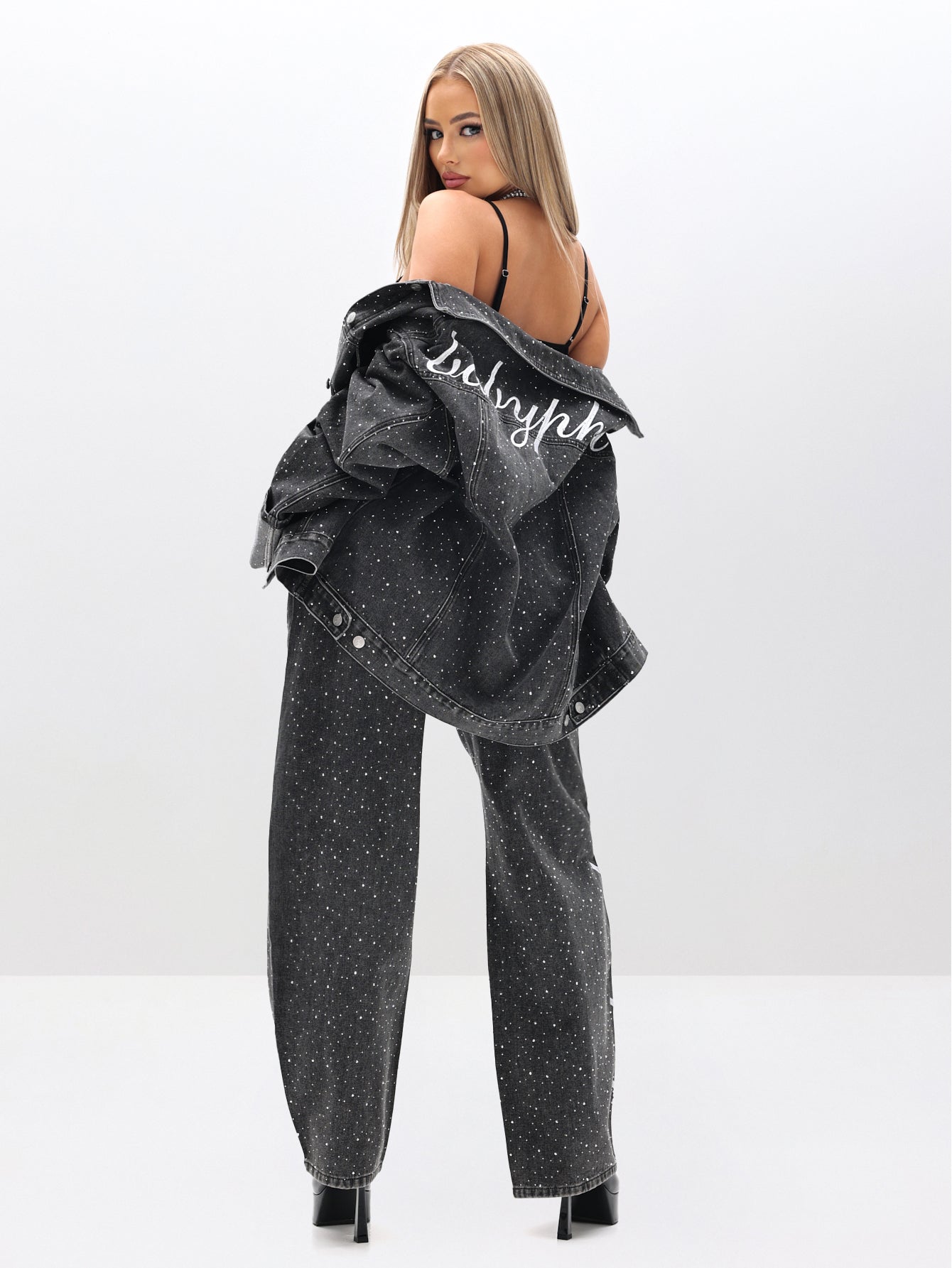 Oversized Rhinestone Denim Jacket in Black Wash | Baby Phat | Baby