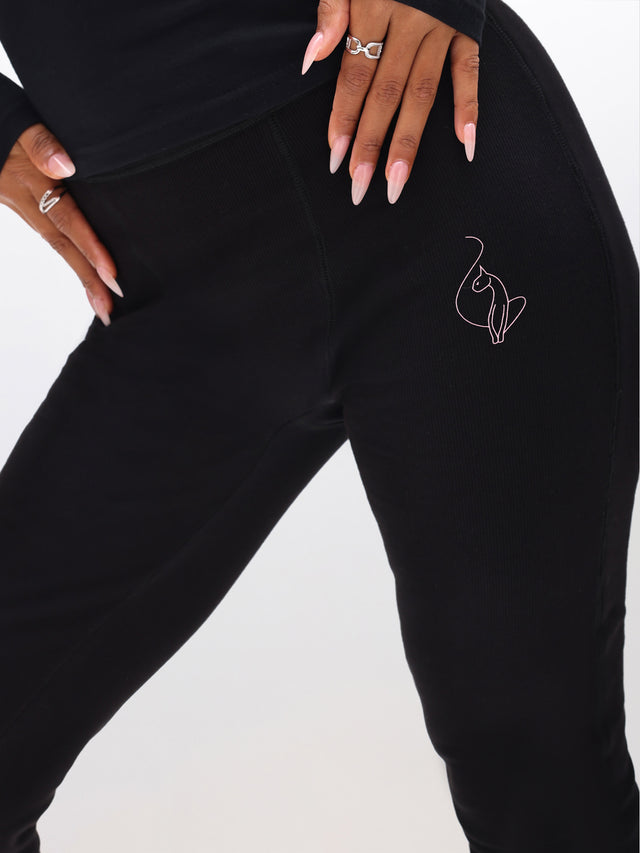Ribbed Leggings, black ribbed leggings with cat emblem at hip, logo detail