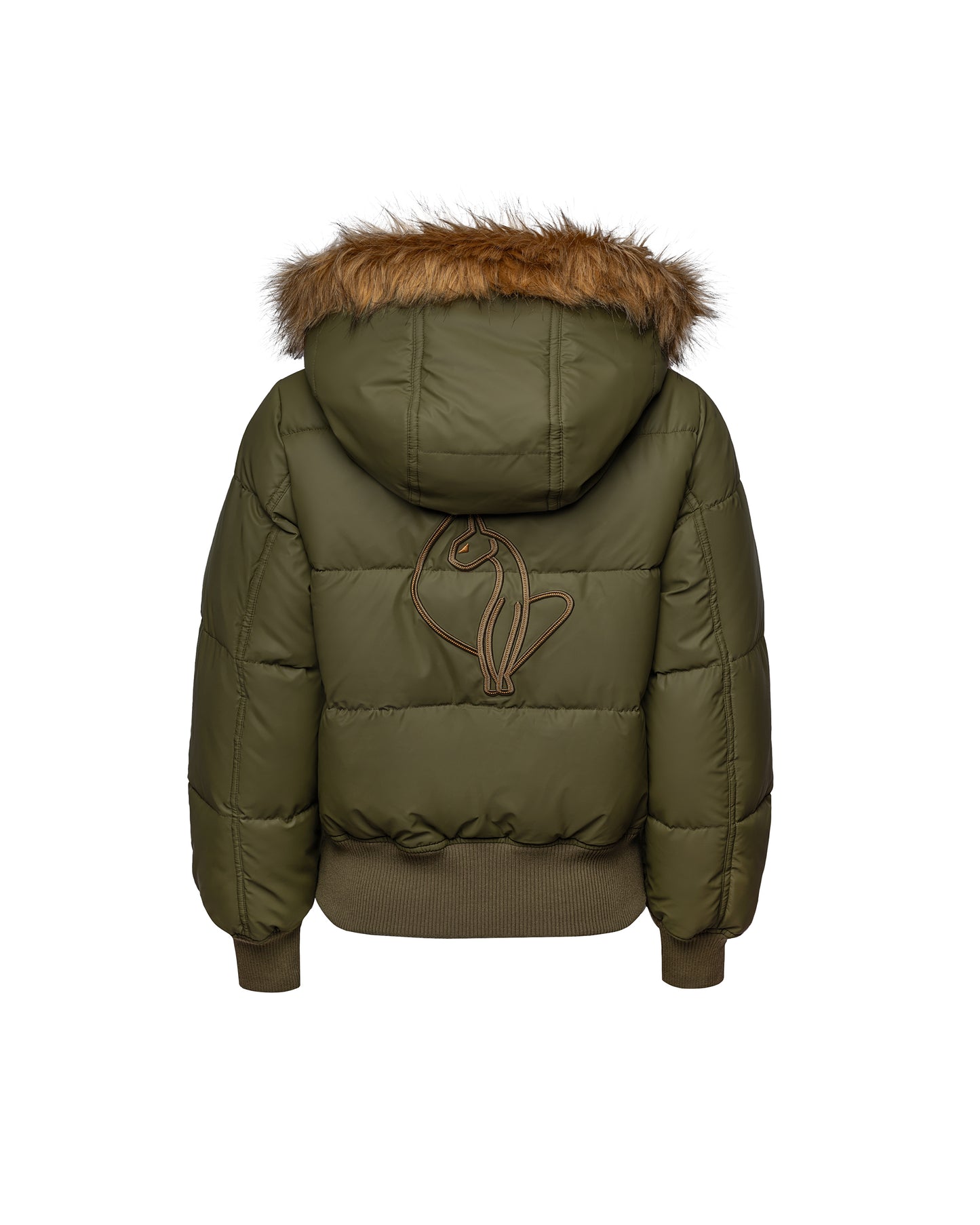 Baby Phat reissue OG puffer jacket in olive is an olive green jacket that features a faux fur trim hood, cat logo detailing on the front and back, gold buttons, and a cat zipper pull.