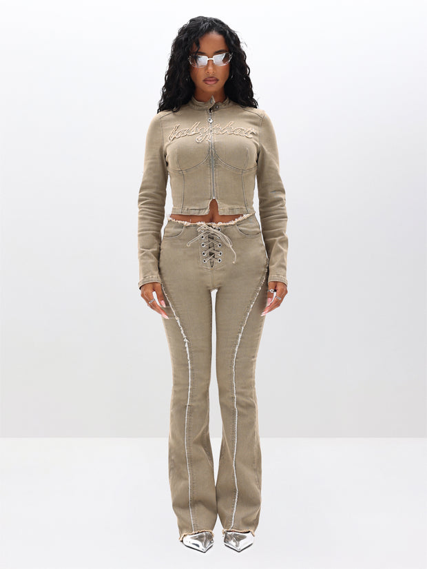 Denim Moto Jacket with Logo Applique