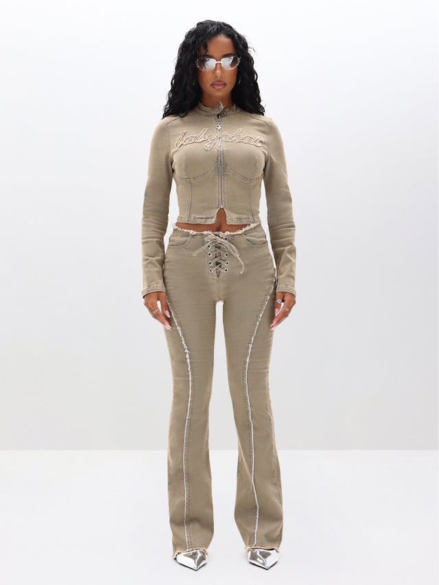 Lace Up Flare Bootcut Jeans, sandstone lace-up waist and flared leg, front full-body view