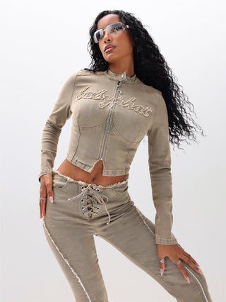 Denim Moto Jacket with Logo Applique