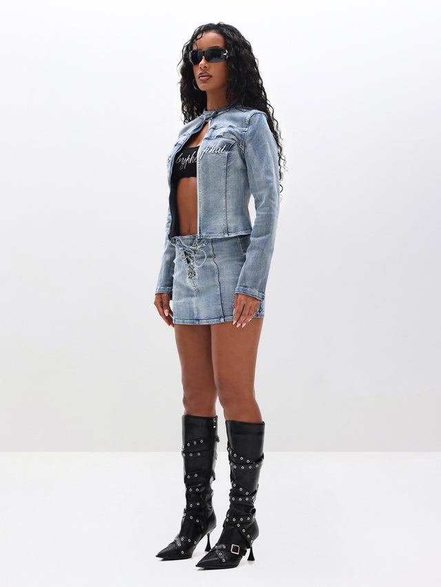 Stretch Denim Lace Up Mini Skirt, fitted light denim silhouette, side view