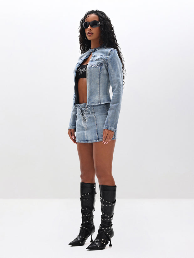 Stretch Denim Lace Up Mini Skirt