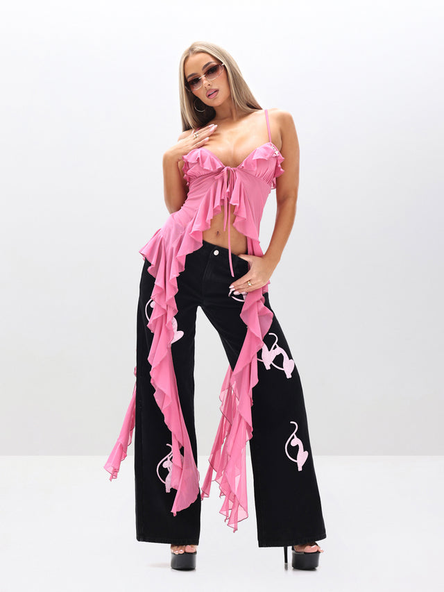 Cami Mesh Waterfall Ruffle Top, cascading pink drape panels, front full-body view