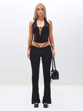 Logo Cowl Neck Top, full outfit styling with flared pants and bag, front full-body view