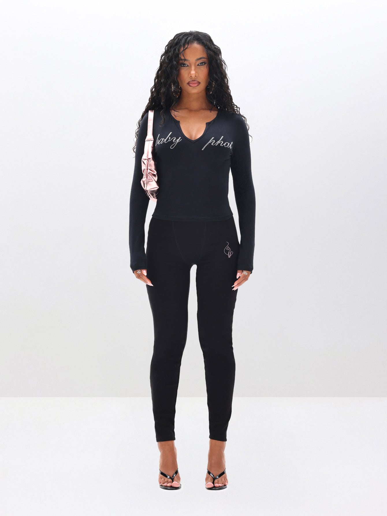 Rhinestone Logo Notch Neck Long Sleeve