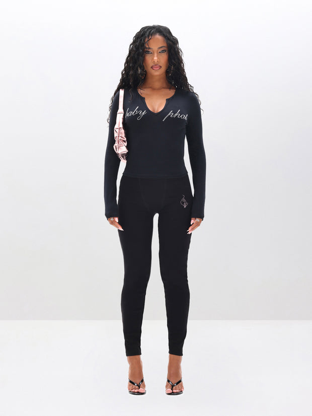 Rhinestone Logo Notch Neck Long Sleeve