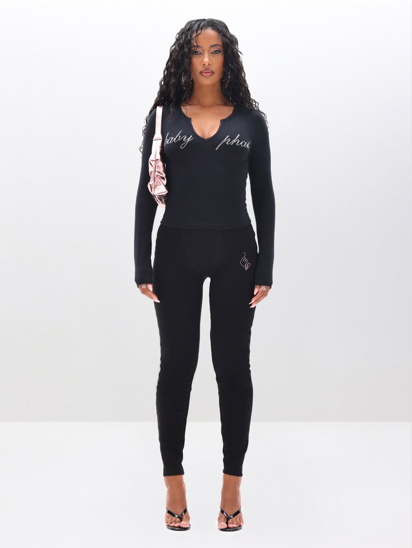 Ribbed Leggings, black fitted leggings with logo top styling, front full-body view