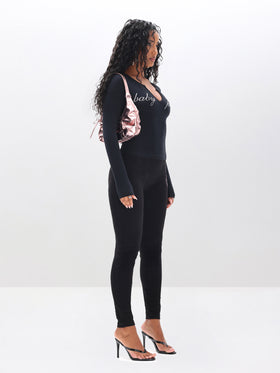 Rhinestone Logo Notch Neck Long Sleeve