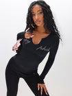 Rhinestone Logo Notch Neck Long Sleeve