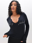 Rhinestone Logo Notch Neck Long Sleeve