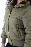 Baby Phat reissue OG puffer jacket in olive is an olive green jacket that features a faux fur trim hood, cat logo detailing on the front and back, gold buttons, and a cat zipper pull.
