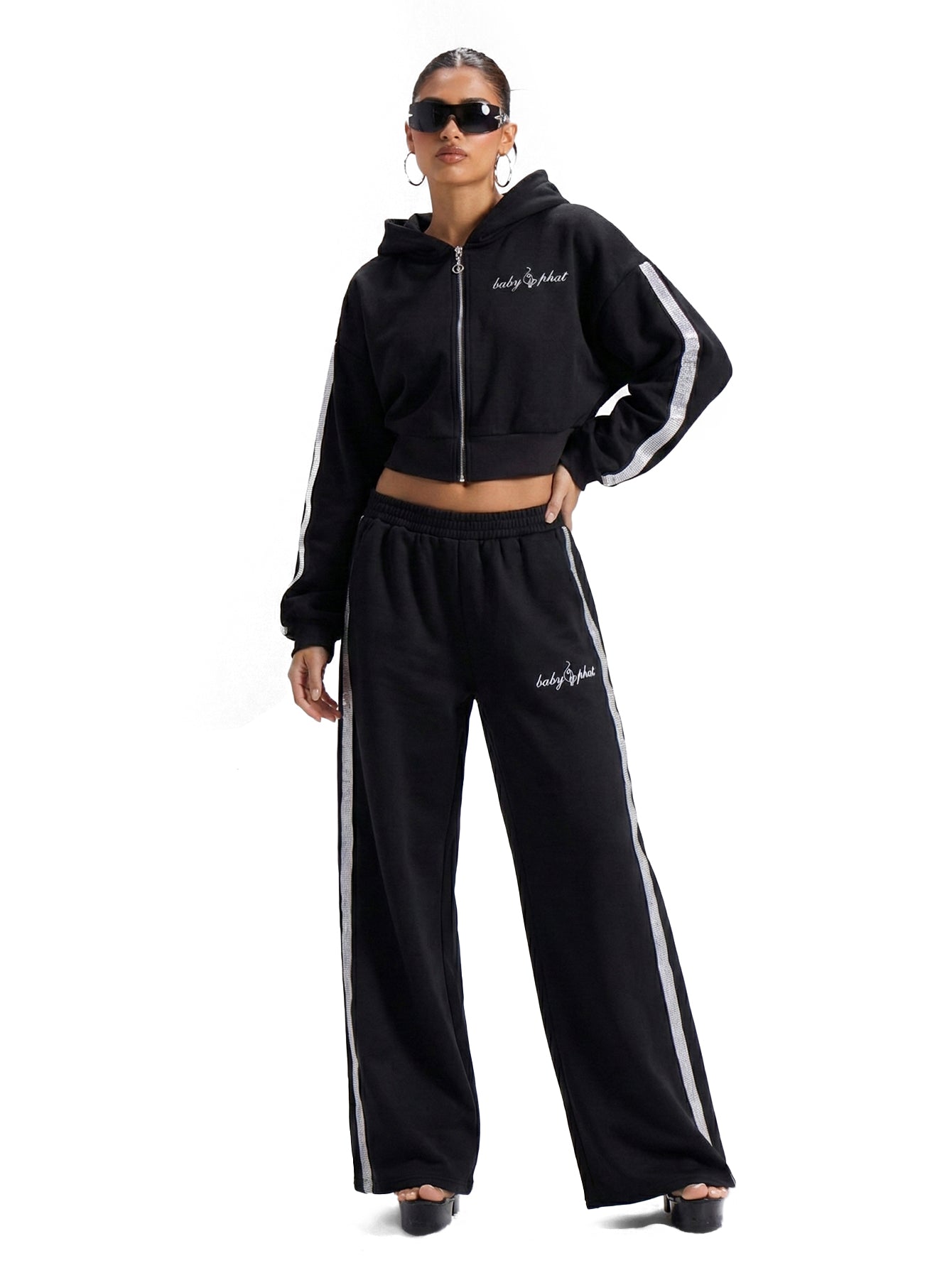 Cropped Hoodie With Rhinestone Trim