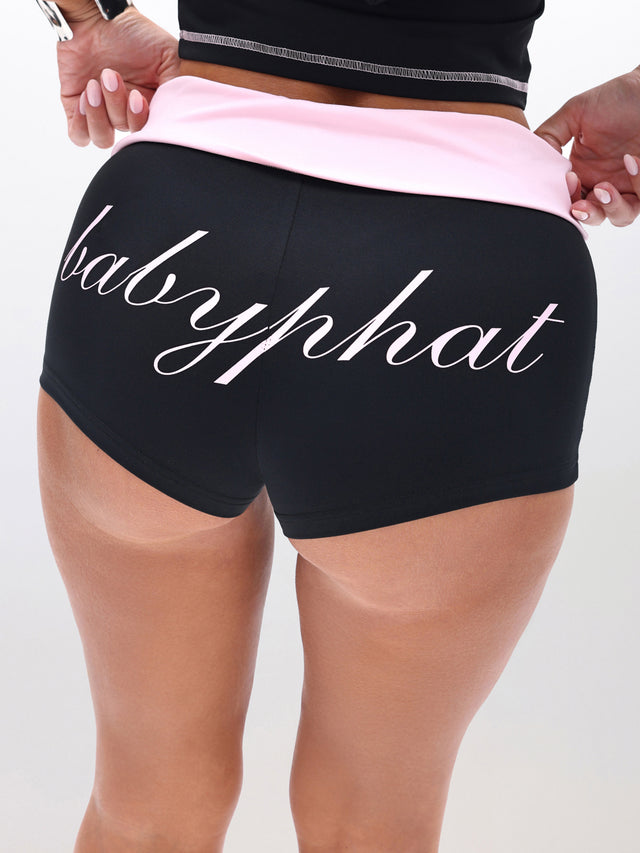 Fold Over Waist Micro Shorts, large babyphat script across back, logo detail