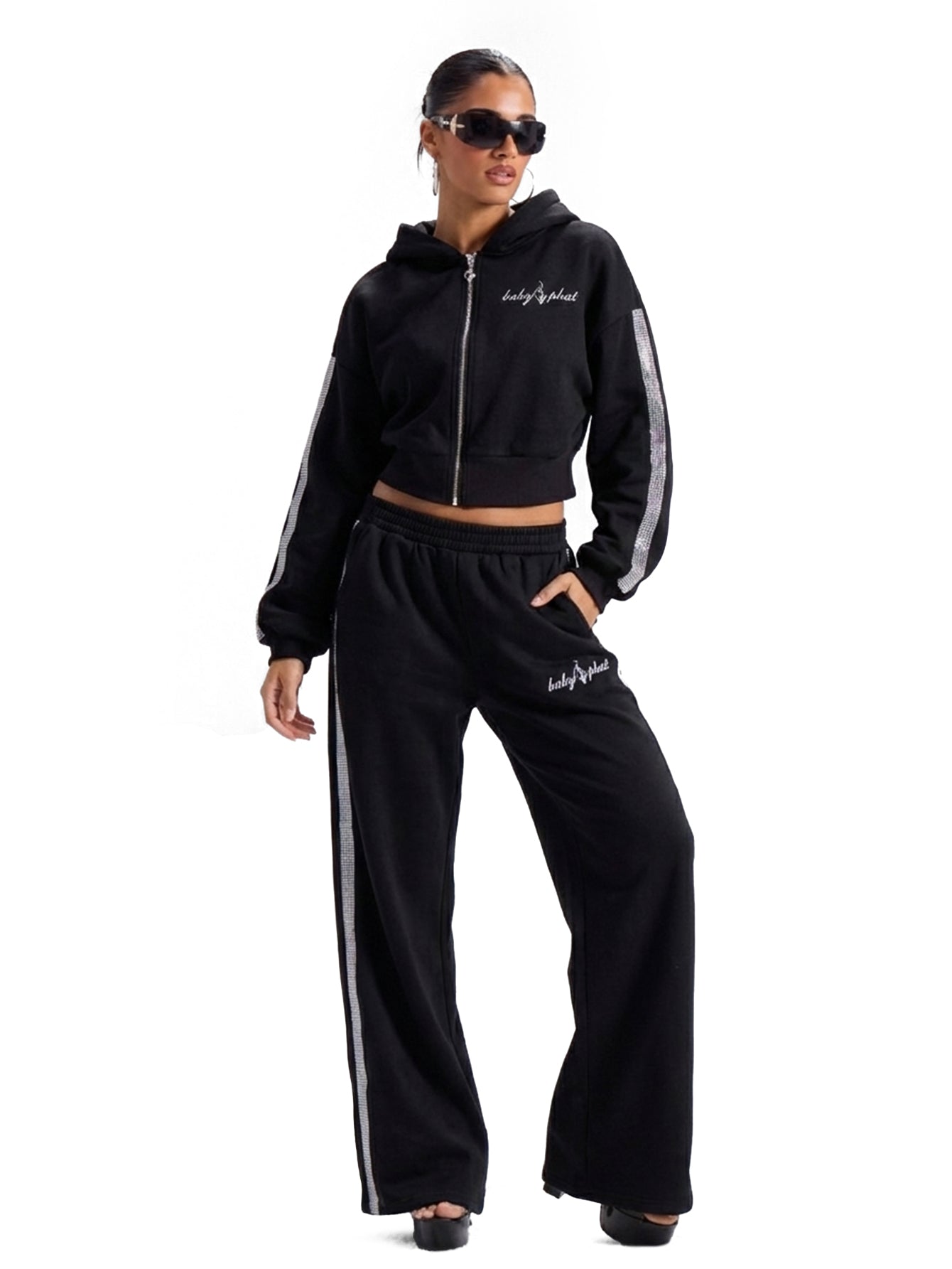 Black Cropped Rhinestone Trim Hoodie | Baby Phat | Baby Phat