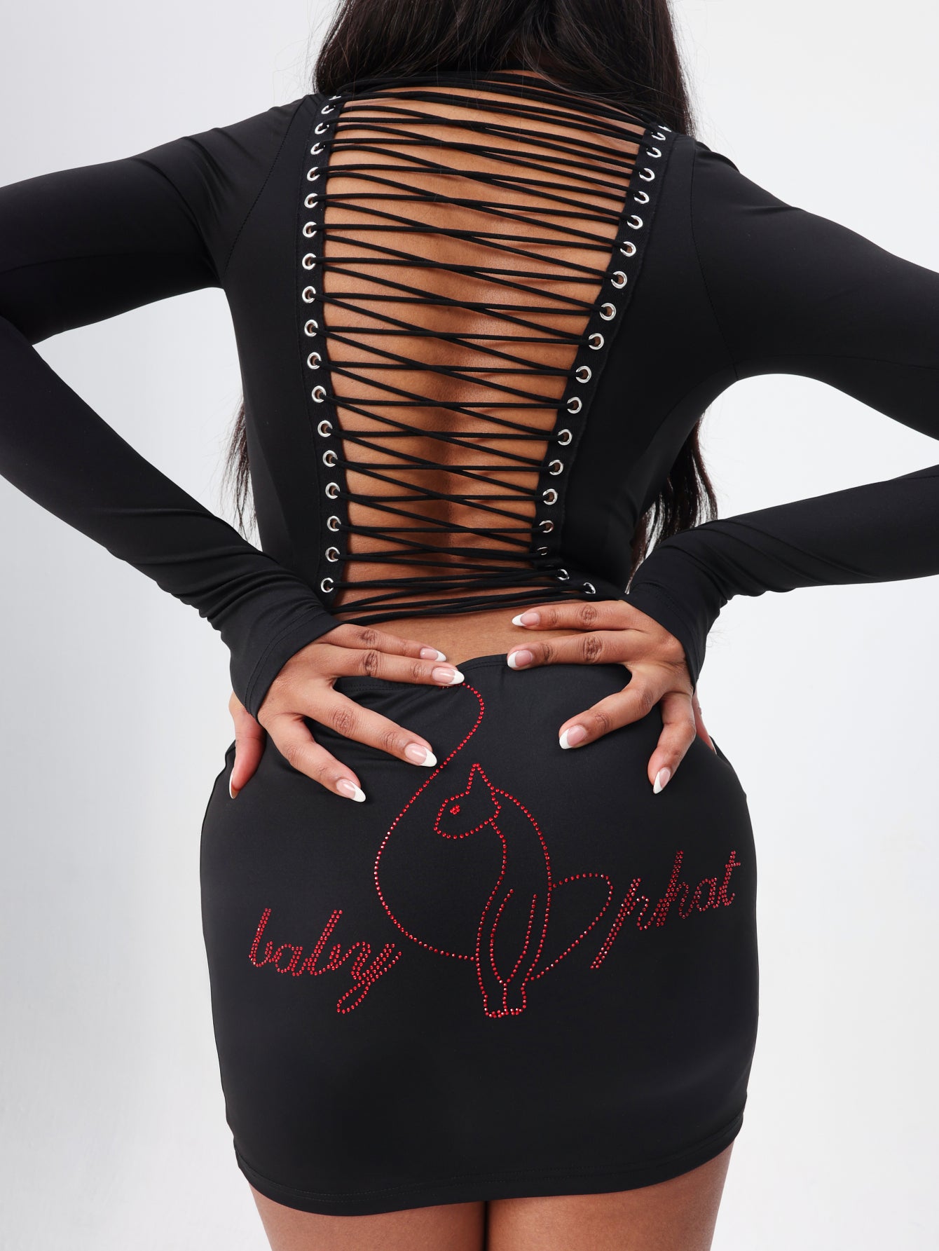 Long Sleeve Mini Dress With Lace Up Back Detail