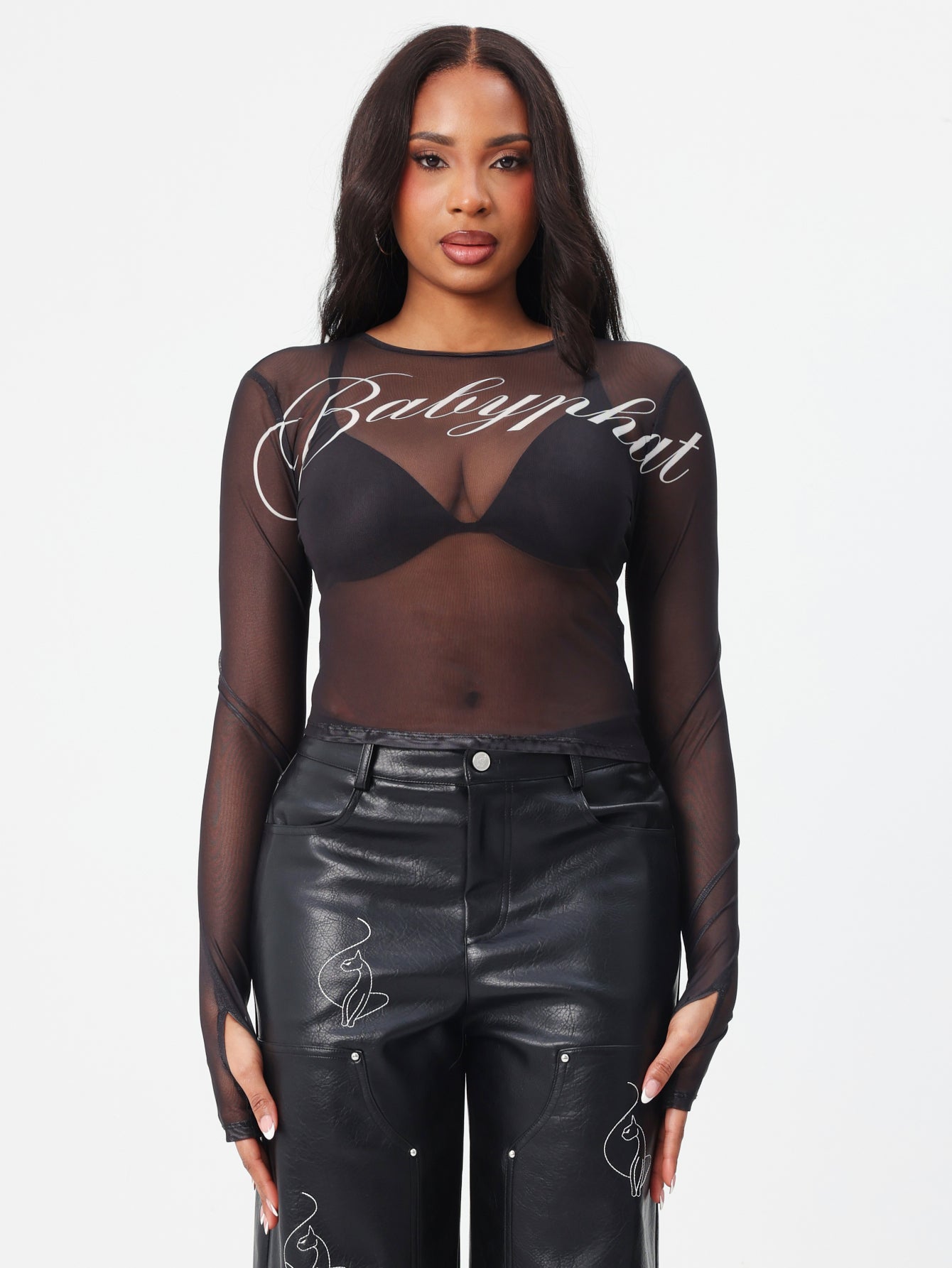 Logo Mesh Long Sleeve Sheer Black Top | Baby Phat