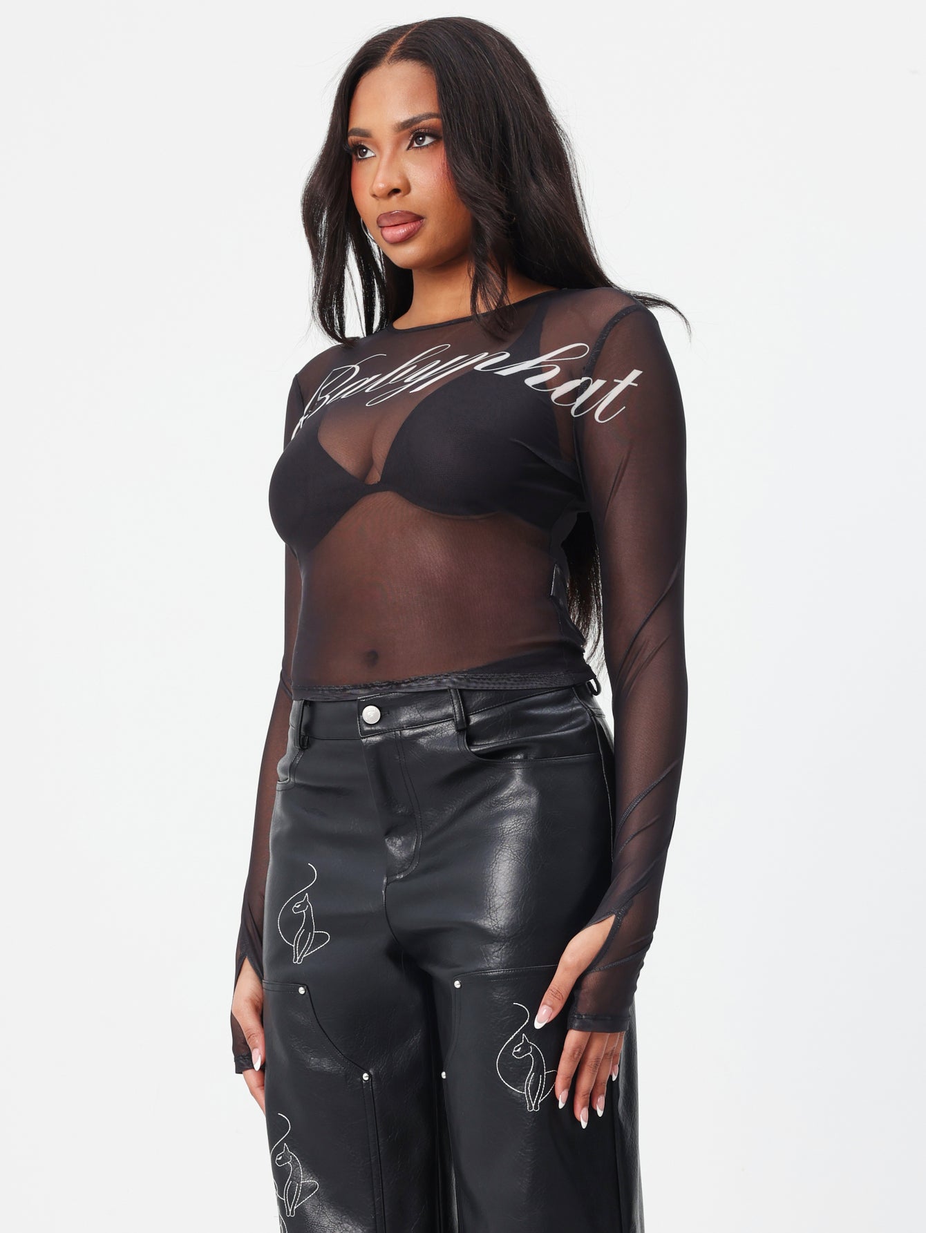 Logo Mesh Long Sleeve Sheer Black Top | Baby Phat