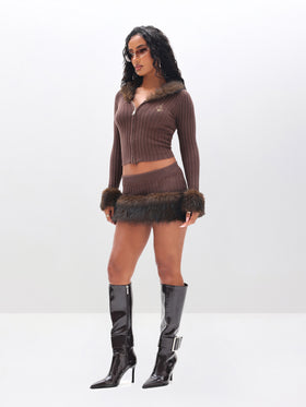 Knit Cardigan with Fur Trim