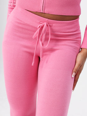 Knit Flare Leggings, pink ribbed waistband and drawstring tie, close-up detail