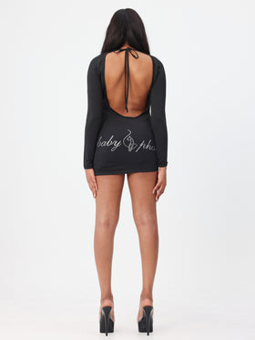 Long Sleeve Logo Mini Dress, open-back black mini dress with rhinestone script across back, back view
