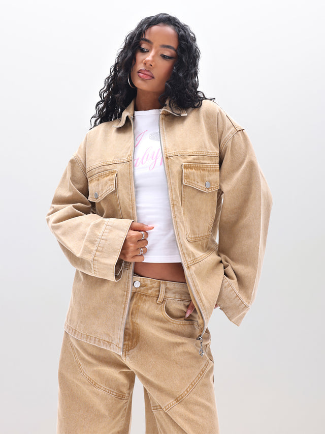 Oversized Denim Shacket, tan washed denim with oversized fit, front view