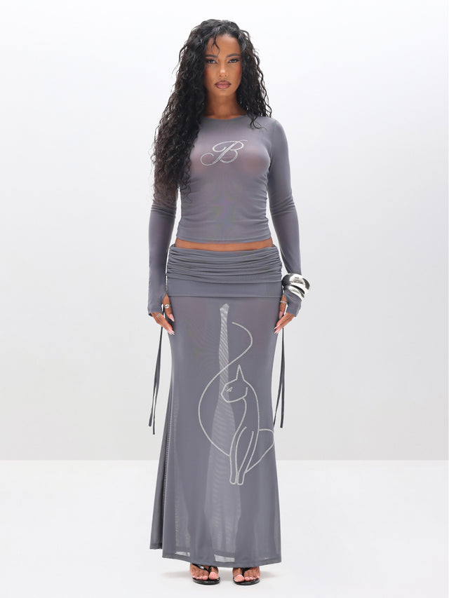 Ruched Mesh Maxi Skirt with Rhinestone - Grey, sheer mesh with cat motif, front full-body view