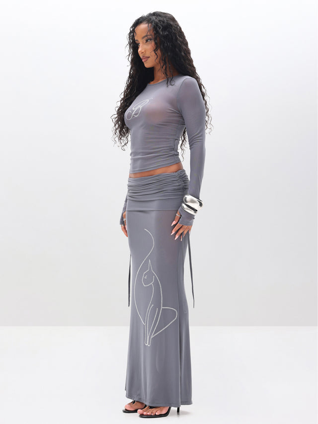 Ruched Mesh Maxi Skirt with Rhinestone - Grey, ruched waistband and side ties, side view