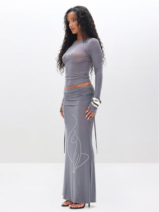 Ruched Mesh Maxi Skirt with Rhinestone